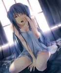  arm_support backlighting bad_id bad_pixiv_id bloom blue_eyes blue_hair chemise curtains dutch_angle hatsune_miku highres long_hair open_mouth rubbing_eyes ryota_(ry_o_ta) sitting solo tears very_long_hair vocaloid window 