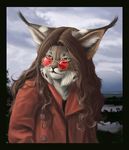  eyewear feline glasses hair hibba hibbary landscape landsckape long_hair lynx male mammal red_glasses solo 
