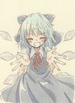  1girl blue_bow blue_dress blue_hair blush bow cirno closed_eyes collared_shirt commentary detached_wings dress facing_viewer fang hair_bow highres ice ice_wings neck_ribbon open_mouth painting_(medium) pinafore_dress puffy_short_sleeves puffy_sleeves red_ribbon ribbon shirt short_sleeves skin_fang sleeveless sleeveless_dress smile solo touhou traditional_media watercolor_(medium) white_shirt wings zeppachi 