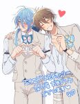  2boys :d ahoge alternate_costume arm_around_shoulder blue_bow blue_bowtie blue_eyes blue_hair blush bow bowtie brown_hair brown_jacket brown_pants brown_vest closed_eyes closed_mouth collarbone cowboy_shot crystal_necklace drop_shadow edmond_(nu_carnival) eiden_(nu_carnival) facing_viewer four-finger_heart_hands furrowed_brow grin hair_between_eyes hair_over_shoulder hand_on_another's_shoulder head_tilt heads_together heart heart_hands highres jacket long_hair long_sleeves low_ponytail male_focus multiple_boys nu_417 nu_carnival pants partially_open_shirt pectoral_cleavage pectorals pointing pointing_at_another ponytail shirt short_hair simple_background sleeve_garter smile sweatdrop vest watch white_background white_shirt wristwatch 