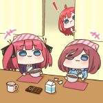  ! +++ 3girls :3 ahoge akino_ell black_ribbon blue_eyes blue_sweater bowl brown_hair candy chibi chocolate chocolate_bar closed_mouth collared_shirt drink_carton drooling eggshell food go-toubun_no_hanayome green_skirt hair_ornament hair_over_one_eye hair_ribbon headphones headphones_around_neck headscarf holding holding_bowl indoors jacket long_hair milk_carton mixing_bowl multiple_girls nakano_itsuki nakano_miku nakano_nino open_clothes open_jacket peeking_out pleated_skirt purple_hair purple_jacket red_hair ribbon shirt skirt spatula star_(symbol) star_hair_ornament sweater sweater_vest two_side_up very_long_hair whisk white_shirt 
