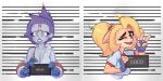 accessory activision anthro bandicoot barbie_(film) barbie_and_ken_mugshot_meme black_bra black_clothing black_underwear blonde_hair blue_body blue_clothing blue_eyes blue_gloves blue_handwear blue_skin bodily_fluids bra breasts brown_nose cleavage clothed clothing coco_bandicoot crash_bandicoot_(series) duo ears_down eyelashes female fingerless_gloves freckled_face freckles front_view fur gesture gloves green_eyes hair hair_accessory hand_gesture handwear hi_res human lipstick looking_at_viewer makeup mammal marsupial mascara meme mugshot nina_cortex one_eye_closed open_mouth open_smile orange_body orange_fur pivoted_ears ponytail prosthetic prosthetic_arm prosthetic_limb purple_hair purple_lipstick running_makeup running_mascara shirt short_hair smile tan_body tan_fur tears tofuchenco topwear underwear v_sign white_clothing white_shirt white_topwear wink winking_at_viewer