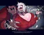 arm_hair big_breasts black_hair bodily_fluids body_hair breast_grab breasts cigarette cleavage clothed clothing demon demon_humanoid duo erect_nipples eyewear facial_piercing female fully_clothed glasses grope groping_from_behind hair hand_on_breast helltaker hi_res horn horned_humanoid huge_breasts humanoid krekk0v lip_piercing male male/female muscular muscular_arms muscular_male nipple_outline nipples nose_piercing piercing protagonist_(helltaker) red_eyes sharp_teeth sweat sweaty_breasts teeth tongue tongue_piercing white_hair zdrada_(helltaker)