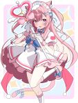  +_+ 1girl absurdres animal_ears blue_background blue_bow blue_bowtie blue_ribbon blush bow bowtie cat_ears cat_girl cat_hair_ornament cat_tail commentary dress fang gloves hair_intakes hair_ornament hair_ribbon hairclip heart heart_print highres holding holding_wand indie_virtual_youtuber long_hair looking_at_viewer magical_girl maid_headdress onji_(oma2_4649) pink_background pink_dress pink_eyes pink_hair pink_shoes pink_tail ribbon shoes short_sleeves skin_fang smile socks solo tail tail_ornament tail_ribbon thighs two_side_up virtual_youtuber wand white_dress white_gloves white_socks winged_wand yuuki_sakuna 
