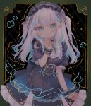  1girl apron ars_almal ars_almal_(7th_costume) black_apron black_dress blue_eyes border commentary cowboy_shot detached_sleeves dress frilled_cuffs frilled_dress frilled_hairband frills green_border hairband hand_on_own_chin hand_up highres lolita_fashion long_hair looking_at_viewer multicolored_hair nijisanji oyu_uo puffy_detached_sleeves puffy_short_sleeves puffy_sleeves short_sleeves smile solo standing streaked_hair striped_clothes striped_dress two_side_up untranslatable_commentary vertical-striped_clothes vertical-striped_dress vertical-striped_sleeves virtual_youtuber waist_ribbon white_hair 