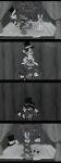 2022 absurd_res anthro black_and_white bow_tie buckteeth clothing curtains digital_media_(artwork) duo english_text eyewear featureless_crotch glasses gloves handwear hat headgear headswap headwear hi_res holding_top_hat holding_wand lagomorph larathelabrat leporid male mammal monochrome ness_(larathelabrat) on_one_leg procyonid rabbit raccoon smile stage standing tail teeth text toony top_hat transformation white_body white_clothing white_gloves white_handwear