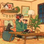  1boy animal ball black_cat black_hair cat closed_eyes commentary_request couch drawstring eating ehoumaki exercise_ball food green_hoodie hands_up highres hood hood_down hoodie indoors lamp long_sleeves makizushi male_focus mask mask_on_head night on_floor oni_mask open_mouth original pet photo_(object) picture_frame pillow plant port_(portzzz) potted_plant procreate_(medium) setsubun shelf short_hair sitting slice_of_life soybean sushi table tray very_short_hair window 