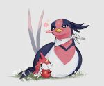  apple bird blush_stickers caterpillar commentary eating flower food fruit grass looking_at_another neckerchief necktie nervous pokemon pokemon_(creature) sitting sok_(mr14_c) sweatdrop swellow white_background white_neckerchief wurmple 