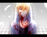 1boy amnesia_(idea_factory) bad_id bad_pixiv_id bishounen blonde_hair blood checkered_floor collarbone feathers hood jacket jewelry letterboxed male_focus necklace rain shirt solo tears toma_(amnesia) yamika yellow_eyes 