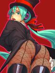  alternate_hairstyle aqua_eyes aqua_hair ass back-seamed_legwear black_hat black_jacket black_legwear blush boots breast_hold breasts fishnet_pantyhose fishnets from_behind from_below gloves hair_ribbon hat hatsune_miku headphones jacket long_hair long_sleeves looking_back low_ponytail magician magician_(module) miracle_paint_(vocaloid) open_mouth pantyhose ponytail project_diva project_diva_(series) red_background ribbon seamed_legwear simple_background solo tailcoat thigh_boots thighhighs top_hat vocaloid white_gloves yuuji_(and) 