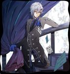  amnesia_(idea_factory) birthday blue_eyes card chain character_name chocoreshon curtains formal gloves hair_ornament hairpin happy_birthday ikki_(amnesia) male_focus necktie pants playing_card smile solo spade_(shape) suit white_hair 