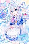  1girl absurdres ahoge apron blue_eyes blue_shirt blush bow cake collared_shirt commentary_request elaina_(majo_no_tabitabi) food frilled_apron frills grey_hair hair_between_eyes highres holding holding_cake holding_food long_hair looking_at_viewer maid_apron maid_headdress majo_no_tabitabi painting_(medium) pink_bow puffy_short_sleeves puffy_sleeves shirt short_sleeves solo strawberry_cake teapot traditional_media very_long_hair waist_apron watercolor_(medium) white_apron ximilulu 