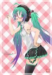  ahoge bespectacled character_name checkered checkered_background glasses gradient_hair green_eyes green_hair hand_on_hip hatsune_miku headphones kowiru long_hair multicolored_hair nail_polish necktie open_mouth pointing skirt solo tattoo thighhighs twintails very_long_hair vocaloid vocaloid_(lat-type_ver) 