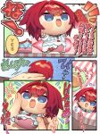  1girl 1other :d ange_katrina blue_dress blush_stickers chibi chibi_only commentary_request double-parted_bangs dress flying_sweatdrops hair_between_eyes hair_intakes hands_up harumina_mau highres holding holding_mini_person mini_person minigirl nijisanji open_mouth red_hair short_hair short_sleeves smile standing striped_clothes striped_dress translation_request vertical-striped_clothes vertical-striped_dress virtual_youtuber 