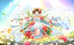  1girl barefoot bouquet brown_hair bug butterfly commentary_request dress flower full_body game_asset gloves green_eyes hair_flower hair_ornament highres kinomoto_sakura letterboxed looking_at_viewer non-web_source official_art open_mouth petals pillarboxed puffy_short_sleeves puffy_sleeves red_flower red_rose ribbon rose rose_petals self-datamine shiromaru_mito short_hair short_sleeves smile solo white_dress white_gloves wings world_dai_star 