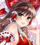  1girl ascot bow breasts brown_hair chacham commentary_request detached_sleeves fingernails frilled_bow frilled_hair_tubes frills hair_bow hair_tubes hakurei_reimu large_breasts long_fingernails long_hair no_bra open_mouth pink_nails red_bow ribbon-trimmed_sleeves ribbon_trim sharp_fingernails sideboob smile touhou traditional_media twitter_username upper_body watermark yellow_ascot yellow_eyes 