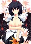  black_hair blush breasts breasts_outside fan frown hat hauchiwa kuronezumi large_breasts looking_at_viewer nipples red_eyes shameimaru_aya short_hair solo tokin_hat touhou wings 