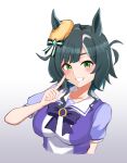  1girl animal_ears bow bowtie commentary_request ears_through_headwear eliot_(eliotwork1111) finger_to_cheek gradient_background green_eyes green_hair grey_background hat highres horse_ears horse_girl horseshoe_ornament kiseki_(umamusume) looking_at_viewer multicolored_hair puffy_short_sleeves puffy_sleeves purple_bow purple_bowtie purple_shirt sailor_collar sailor_shirt school_uniform shirt short_hair short_sleeves simple_background smile solo streaked_hair tracen_school_uniform umamusume upper_body white_background white_streaks yellow_hat 