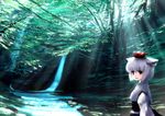  animal_ears forest hat inubashiri_momiji light_rays looking_at_viewer nature red_eyes scenery short_hair solo stream sunbeam sunlight tokin_hat touhou tree tsubasa_(abchipika) water waterfall white_hair wolf_ears 