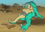  2026 belly big_belly blue_arms blue_body blue_legs claws collar deathclaw duo fallout feral feral_pred genitals hand_on_penis hi_res horn male male_pred masturbation microsoft on_rock penis reptilianreverie rock scalie sitting sitting_on_rock vore white_claws white_horn yellow_belly 