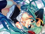  apron aqua_eyes bottomless breasts condom condom_in_mouth green_hair hatsune_miku long_hair lowres lying medium_breasts mouth_hold naked_apron nipple_slip nipples on_back smile solo thighhighs used_condom very_long_hair vocaloid yuri_(purinlove) 