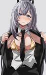  1girl absurdres bikini blush breasts commentary gold_bikini grey_hair highres hololive hololive_indonesia solo sweat swimsuit untranslatable_commentary vestia_zeta virtual_youtuber white_background yuzu_vt 