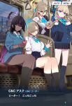  absurdres akane_(blue_archive) akane_(school_uniform)_(blue_archive) asuna_(blue_archive) asuna_(school_uniform)_(blue_archive) black_hair blonde_hair blue_archive blue_halo blue_nails blue_ribbon cellphone cleaning_&amp;_clearing_(blue_archive) dark-skinned_female dark_skin glasses gyaru halo highres karin_(blue_archive) karin_(school_uniform)_(blue_archive) miniskirt pale_skin phone ponconyan purple_halo ribbon school_uniform skirt toki_(blue_archive) toki_(school_uniform)_(blue_archive) train v yellow_halo 