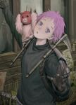  1girl androgynous animal animal_on_shoulder backpack bag black_sweater commentary_request dorohedoro ebisu_(dorohedoro) gloves googerm grass hand_on_wall head_tilt highres jewelry kama_(weapon) kikurage_(dorohedoro) long_hair long_sleeves looking_at_viewer multiple_rings open_hand outdoors parted_lips pet purple_eyes purple_hair ring short_bangs short_hair sickle sweater turtleneck turtleneck_sweater upper_body 