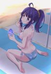  10sun 1girl ahoge aqua_bikini ass bikini blue_eyes blue_hair breasts closed_mouth commentary_request food hair_between_eyes holding holding_spoon large_breasts long_hair looking_at_viewer looking_back make_heroine_ga_oo_sugiru! ponytail shaved_ice side-tie_bikini_bottom sidelocks sitting smile solo spoon swimsuit teeth thighs wariza yanami_anna 