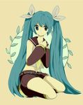  aqua_hair bad_id bad_pixiv_id cosplay detached_sleeves hair_ribbon hatsune_miku kagamine_rin kagamine_rin_(cosplay) long_hair midriff navel ribbon seiza sitting solo twintails very_long_hair vocaloid 