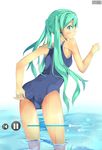  adjusting_clothes adjusting_swimsuit aqua_eyes aqua_hair bad_id bad_pixiv_id bare_shoulders byte_(allbyte) from_behind hatsune_miku headset highres long_hair looking_back one-piece_swimsuit school_swimsuit solo swimsuit twintails very_long_hair vocaloid 