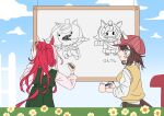  2girls absurdres animal_ears brown_hair drawing_(action) drawing_(object) dress ears_through_headwear from_behind hair_bun highres holding holding_marker horse_ears horse_girl long_hair looking_at_another loves_only_you_(casual)_(umamusume) loves_only_you_(umamusume) marche_lorraine_(umamusume) marker multiple_girls okaasan_to_issho parody red_hair shirt short_hair sleeveless sleeveless_dress sleeves_rolled_up spoo sweater_vest tail tail_through_clothes translated umamusume white_shirt whiteboard yellow_sweater_vest yukito_(yukito85476) 