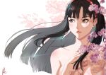  1girl absurdres adam_kun_arts amagi_yukiko artist_name black_hair blurry breasts brown_eyes cherry_blossoms cleavage commentary convenient_censoring depth_of_field english_commentary hairband highres long_hair looking_to_the_side medium_breasts parted_lips persona persona_4 red_hairband signature solo topless_female upper_body 