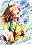  1girl animal_ears bandeau black_bandeau blue_skirt braid brown_hair closed_eyes cloud commentary_request hair_between_eyes hair_ornament hairclip half_up_braid half_up_half_down_braid highres horse_ears horse_girl horse_tail jacket jungle_pocket_(champion's_battle_cry)_(umamusume) jungle_pocket_(umamusume) long_sleeves medium_hair midriff navel open_mouth revision roaring shouting skirt smile solo tail teeth umamusume umamusume:_beginning_of_a_new_era upper_teeth_only ya-ya yellow_bandeau yellow_jacket 