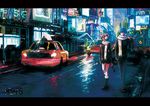  1girl blue_eyes blue_hair brown_eyes brown_hair car chevasis cityscape ground_vehicle kaito letterboxed meiko motor_vehicle night outdoors scarf short_hair skirt umbrella vocaloid 