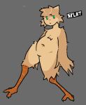 ambiguous_gender anthro artist_name avian bird brown_body brown_fur chicken colored_nails felid feline fur galliform green_eyes green_nails grey_background hybrid kash_(spl4t) light_body light_fur mammal nails phasianid simple_background solo splattterdd text toony tuft whiskers wings