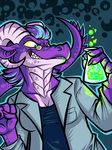  dragon eyewear female glasses glowing green_eyes hair lab_coat purple_hair purple_scales science shirt smile solo spamcat 