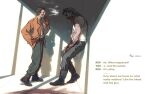  2boys arm_hair azzz_6687 bomber_jacket boots cigarette disco_elysium dutch_angle english_text facial_hair full_body gloves hair_slicked_back hand_on_own_hip harry_du_bois highres holding holding_cigarette jacket kim_kitsuragi leaning_back looking_at_another male_focus mullet multiple_boys mutton_chops orange_gloves orange_jacket round_eyewear shadow shirt smoke smoke_trail smoking tank_top white_shirt 