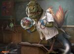 2016 anthro aquatic avian bird blue_clothing blue_gloves blue_handwear book cephalopod chalkboard chicken chimera clothing coat coleoid detailed_background dinosaur duo eyewear feathered_wings feathers feet fin fish galliform glasses gloves handwear hasbro lab_coat laboratory looking_down magic:_the_gathering male medical_instrument mollusk octopodiform octopus official_art phasianid prehistoric_species reptile round_glasses saurischian scalie scientific_instrument sharp_teeth simon_dominic smile standing stethoscope tail talons teeth theropod toes topwear tyrannosaurid tyrannosauroid tyrannosaurus tyrannosaurus_rex wings wizards_of_the_coast