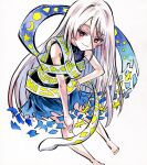  1girl barefoot black_dress blue_dress blush closed_mouth commentary dress full_body grey_hair hair_between_eyes highres kabaji long_hair long_hair_between_eyes looking_at_viewer red_eyes ribbon_around_body sleeveless sleeveless_dress smile snake solo toes torn_clothes torn_dress touhou traditional_media turtleneck turtleneck_dress very_long_hair yuiman_asama 