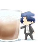  alcohol blue_hair chibi fate/zero fate_(series) formal glass ice ice_cube lowres male_focus matou_byakuya ronpaxronpa solo suit wavy_hair 