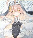  1girl bare_shoulders blonde_hair blush bow commentary_request detached_sleeves earrings frilled_skirt frills hair_ornament highres jewelry long_hair looking_at_viewer original skirt solo traditional_media very_long_hair white_bow yellow_eyes yurimo1108 