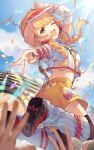  1girl arm_up blonde_hair braid breasts crop_top detached_sleeves fujita_kotone gakuen_idolmaster hat highres idolmaster jumping leg_warmers looking_back medium_breasts one_eye_closed shiidap shorts thighhighs twin_braids yellow_eyes 