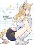  1girl alternate_costume animal_ears arm_warmers black_shorts blonde_hair blue_eyes blush breasts chasouko closed_mouth commentary_request dress ear_ribbon gold_city_(umamusume) heart highres horse_ears horse_girl horse_tail large_breasts long_hair request_inset shirt shoes shorts sleeveless sleeveless_dress socks solo squatting tail umamusume white_arm_warmers white_shirt white_shoes white_socks 