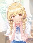  1girl absurdres blonde_hair blue_skirt braid collared_shirt commentary_request fingernails fujita_kotone gakuen_idolmaster heart highres holding holding_letter idolmaster letter long_hair looking_at_viewer love_letter mattarisan_3 shirt short_sleeves skirt solo twin_braids upper_body white_shirt yellow_eyes 