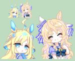 ahoge animal_ears blonde_hair blue_eyes blue_hair blush bright_pupils colored_inner_hair commentary_request hair_between_eyes hair_ornament horse_ears horse_girl keykey117117 long_hair looking_at_viewer lowres multicolored_hair neo_universe_(umamusume) pixel_art simple_background two-tone_hair umamusume victoire_pisa_(umamusume) 