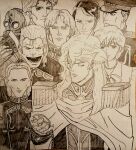  axe cape epaulettes ernst_von_eisenach fritz_josef_bittenfeld galactic_empire_(gin'eiden) gas_mask ginga_eiyuu_densetsu greyscale hat highres hildegard_von_mariendorf holding holding_axe invincible_(series) jacket jewelry locket mask meme military_hat military_jacket military_uniform monochrome multiple_boys necklace oskar_von_reuenthal pathetic-idiot paul_von_oberstein pendant reinhard_von_lohengramm short_hair traditional_media ulrich_kessler viltrumite_group_shot_(meme) wolfgang_mittermeyer 