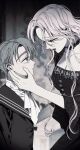  1boy 1girl black_choker black_dress black_lips breasts buttons choker cleavage commentary_request dress grey_eyes grey_hair hand_on_another's_cheek hand_on_another's_face ian_(witch's_island) isabella_(witch's_island) korean_commentary long_hair mother_and_child mother_and_son official_art parent_and_child partially_colored ppotatornado red_eyes short_hair wavy_hair white_hair witch's_island 