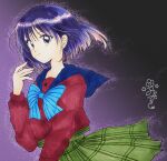  1girl aura bishoujo_senshi_sailor_moon bishoujo_senshi_sailor_moon_s blue_bow blue_bowtie blue_sailor_collar bow bowtie closed_mouth commentary_request earrings fukatsuki_mizuki green_skirt hand_up highres jewelry looking_at_viewer mugen_gakuen_school_uniform pleated_skirt purple_eyes purple_hair red_shirt sailor_collar school_uniform serafuku shirt short_hair signature skirt solo star_(symbol) stud_earrings tomoe_hotaru traditional_media upper_body 