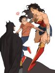  1girl 2boys absurdres aged_down amazon_warrior bat_mask batman batman_(series) black_cape bodysuit bracer cape chamsut0905 clark_kent commentary_request dc_comics gold_bracer gold_tiara grey_bodysuit highres korean_commentary long_hair multiple_boys muscular muscular_female superhero_costume superman_(series) superman_logo taut_bodysuit wonder_woman wonder_woman_(series) 
